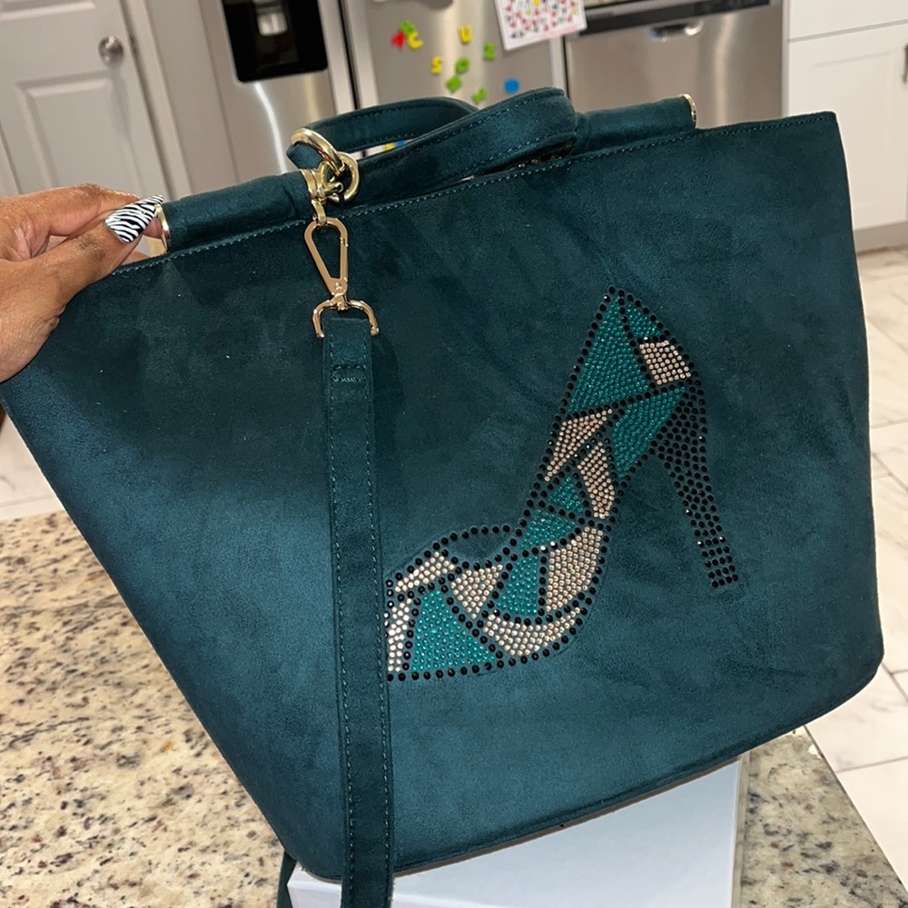 Ashro Teal Faux Suede Rhinestone shoe handbag